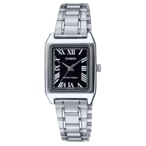 Casio LTP-V007D-1B Timeless women's silver rectangular brass and stainless steel analog quartz watch with black dial and Roman numerals.