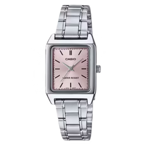 Casio LTP-V007D-4E Timeless women's silver stainless steel rectangular pale pink sunburst dial analog quartz watch