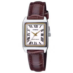 Casio LTP-V007L-7B2 Timeless women's classic rectangular silver brass case gold bezel white dial brown leather strap analog watch