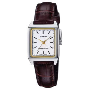 Casio LTP-V007L-7E2 Timeless women's classic rectangular silver chrome-plated brass watch with white analog dial and chocolate brown genuine leather crocodile embossed strap