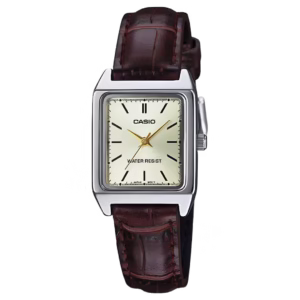 Casio LTP-V007L-9E Timeless Collection women's rectangular silver brass case brown leather strap cream beige sunburst dial analog quartz watch