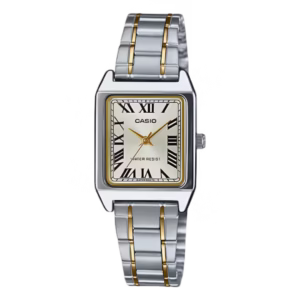 Casio LTP-V007SG-9B Timeless Collection women's rectangular silver and gold-tone brass case, stainless-steel bracelet, beige sunburst dial with Roman numerals analog quartz watch.