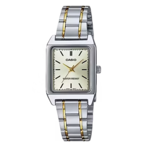 Casio LTP-V007SG-9E Timeless women's rectangular silver brass case gold sunburst dial two-tone stainless steel bracelet analog watch