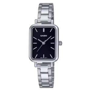 Casio LTP-V009D-1E Timeless women's rectangular silver brass case black dial stainless steel bracelet analog quartz watch
