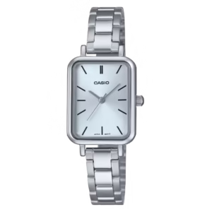 Casio LTP-V009D-2E Timeless women's silver rectangular analog watch with sunburst dial and stainless steel bracelet