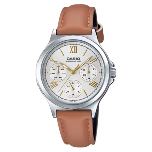 Casio LTP-V300L-7A2 Timeless round silver brass case, brown leather strap, white dial with Roman numerals and sub-dials, women's analog quartz watch