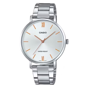 Casio LTP-VT01D-7B Timeless Collection women's silver chrome-plated brass case, stainless steel bracelet, white sunburst dial with Roman numerals, classic analog quartz watch.