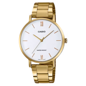 Casio LTP-VT01G-7B women's classic gold-tone ion-plated brass round case, white dial with indices and Roman numerals, gold stainless steel bracelet analog watch