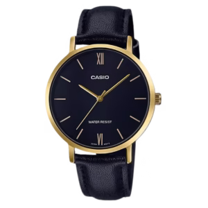 Casio LTP-VT01GL-1B women's Timeless collection gold ion-plated brass case, black genuine leather strap, black dial with Roman numerals, analog quartz watch