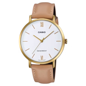 Casio LTP-VT01GL-7B Timeless women's round gold ion-plated brass case, white matte dial with Roman numerals, brown genuine leather strap analog quartz watch