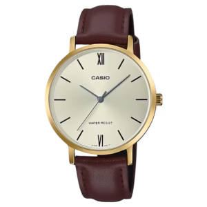 Casio LTP-VT01GL-9B Timeless women's classic analog quartz watch with gold ion-plated brass case, brown leather strap, and cream sunburst dial with Roman numerals.