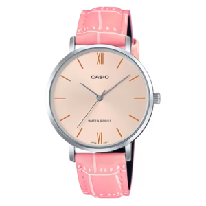 Casio LTP-VT01L-4B Timeless collection women's classic round silver brass case salmon pink sunburst dial Roman numerals salmon pink crocodile embossed genuine leather strap quartz watch