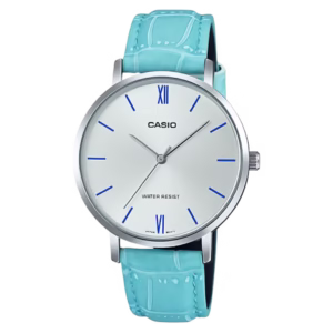 Casio LTP-VT01L-7B3 Timeless women's round silver chrome-plated brass, white dial, Roman numerals & indices, tiffany-blue crocodile-embossed leather strap analog watch