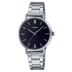 Casio LTP-VT02D-1A Timeless women's classic round silver chrome-plated brass analog watch with black sunburst dial, silver stainless steel bracelet, and mixed indices & Roman numerals.