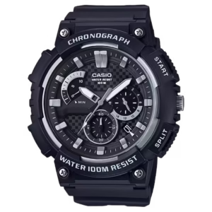 Casio MCW-200H-1A Timeless men's sport watch with round black resin case, black resin strap, black analog chronograph dial, and date window.
