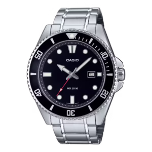 Casio MDV-107D-1A1 Timeless silver stainless steel case black bezel black dial silver stainless steel bracelet diving watch