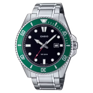Casio MDV-107D-3A Timeless Collection silver stainless steel diving watch with green bezel and black dial