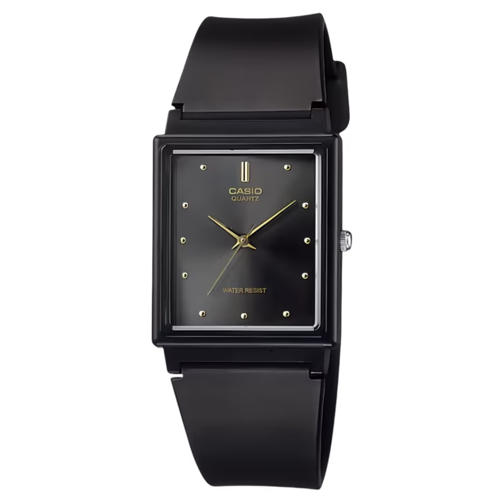 Аналоговий годинник Casio MQ-38-1ADF з колекції Timeless. Прямокутний корпус із чорної полімерної смоли.