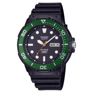 Casio MRW-230H-1E3 Timeless men's analog sport watch with black resin case and strap, green resin diving bezel, and black dial.