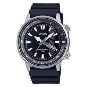 Casio MTD-130-1A Timeless silver stainless steel case, black dial, black resin strap men's analog sport watch.