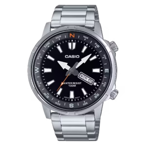 Casio MTD-130D-1A4 Timeless men's silver stainless steel analog quartz sport watch with black dial, compass bezel, and day-date window.