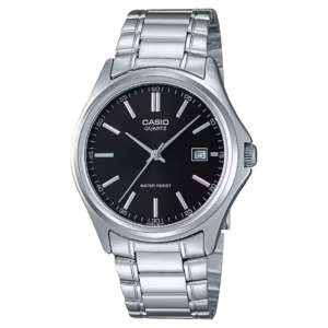 Casio MTP-1183A-1A Timeless Collection silver case, silver stainless steel bracelet, black dial men's classic analog quartz watch