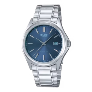 Casio MTP-1183A-2A Timeless men's classic silver chrome-plated brass case stainless steel bracelet navy blue dial analog quartz watch with date window