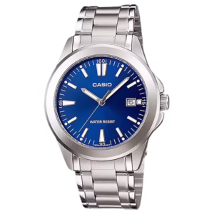 Casio MTP-1215A-2A2 Timeless Collection men's classic analog watch with silver brass case, brushed stainless-steel bracelet, royal-blue sunburst dial, date window, and luminous hands.