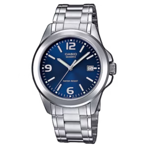Casio MTP-1215A-2A Timeless silver brass case, silver stainless steel bracelet, navy blue dial men's analog quartz watch