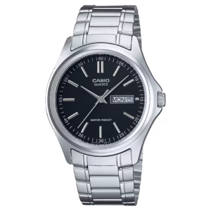 Casio MTP-1239D-1A men's classic silver stainless steel bracelet watch, round silver case, black analog dial with day-date window.
