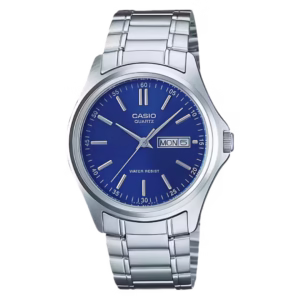 Casio MTP-1239D-2A Timeless Collection silver stainless steel blue dial men's analog quartz watch