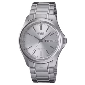 Casio MTP-1239D-7A Timeless Collection silver stainless steel men's analog quartz watch with day-date window, sunburst dial, and polished finish