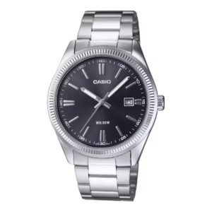 Casio MTP-1302D-1A1 Timeless silver ion-plated brass case, silver stainless steel bracelet, black sunburst dial men's analog quartz watch