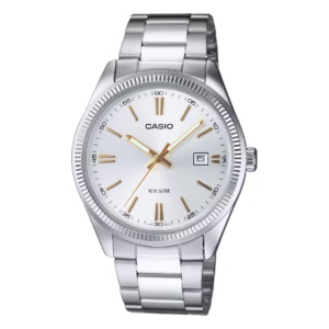 Casio MTP-1302D-7A2 Timeless men's silver brass and stainless steel round analog quartz watch with sunburst dial and date window