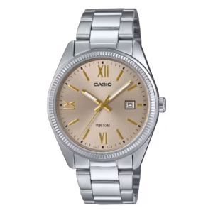 Casio MTP-1302DD-9A Timeless silver brass case, stainless steel bracelet, champagne gold dial men's classic analog watch