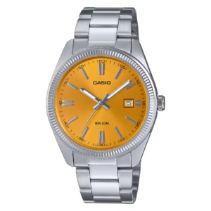 Casio MTP-1302PD-9A men's classic analog quartz watch with silver brass case, silver stainless steel bracelet, orange sunburst dial, and date window.