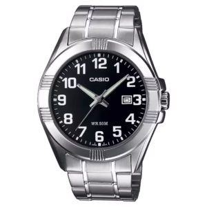 Casio MTP-1308D-1B Timeless silver brass case black dial stainless steel bracelet men's classic analog quartz watch with date window.