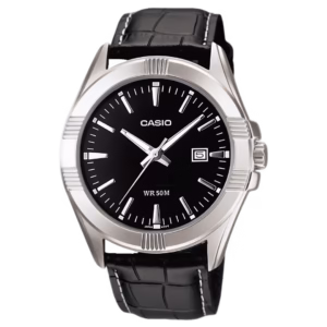 Casio MTP-1308L-1A Timeless men's classic analog watch with round silver brass case, black matte dial with date, and black crocodile-embossed genuine leather strap.