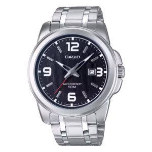 Casio MTP-1314D-1A men's silver ion-plated brass round case, black vertical-tapestry dial with Arabic numerals, sword hands, date, and stainless steel bracelet watch.