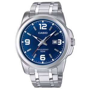 Casio MTP-1314D-2AVDF Timeless men's silver brass case, stainless steel bracelet, navy blue sunburst dial analog quartz watch with Arabic numerals.
