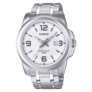 Casio MTP-1314D-7A Timeless men's silver brass round case, white matte guilloche dial with date window, silver stainless-steel bracelet analog quartz watch