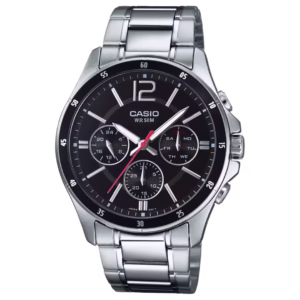 Casio MTP-1374D-1A Timeless men's classic round silver case, black bezel, black sunburst dial with calendar and 24-hour subdials, silver stainless steel bracelet quartz watch.