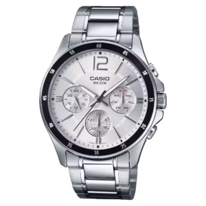 Casio MTP-1374D-7A Timeless men's classic round watch with silver-toned brass case, stainless steel bracelet, black bezel, silver sunburst dial, and three subdials.