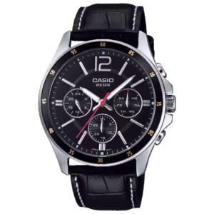 Casio MTP-1374L-1A Timeless black dial silver brass case black leather strap men's classic analog quartz watch with calendar subdials