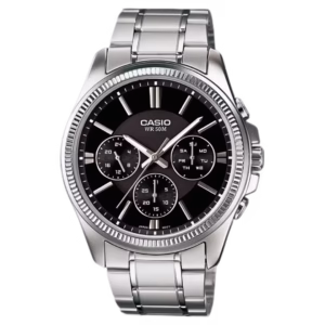 Casio MTP-1375D-1A Timeless men's silver stainless steel case and bracelet, black dial analog watch