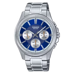 Casio MTP-1375D-2A1 Timeless silver stainless steel case and band, royal blue sunburst dial men's analog quartz watch
