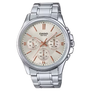 Casio MTP-1375D-7A2 Timeless silver stainless steel case and bracelet, champagne beige dial men's classic analog watch