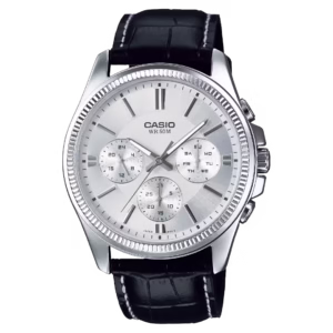 Casio MTP-1375L-7A Timeless Collection men's classic silver stainless steel case, silver sunburst dial with sub-dials, black crocodile-embossed genuine leather strap analog watch.