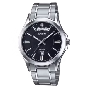 Casio MTP-1381D-1A Timeless silver brass case black dial stainless steel bracelet men's analog watch