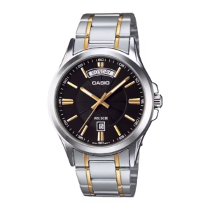 Casio MTP-1381G-1A men's classic round silver and gold two-tone case, black sunburst dial with day-date window, and matching stainless steel bracelet quartz watch.